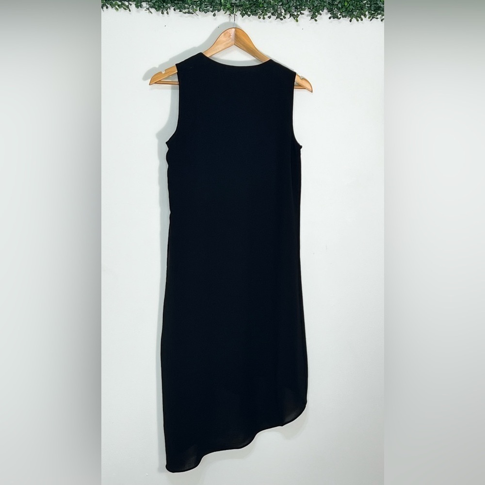 ADRIANNA PAPELL Quiet Luxury Black sheer Lined Draped Asymmetrical Hem Dress 4 - Picture 4 of 10